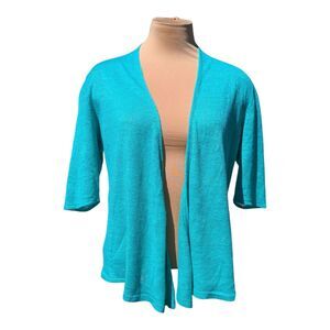 Eileen Fisher Turquoise Green Organic Linen Knit Cardigan Women's XS Open Front